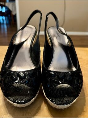 Alfani Black Embellished Peep-Toe Slingback Wedges